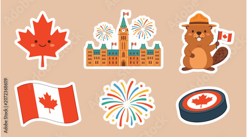 Fotografía Colorful vector graphic sticker set featuring iconic Canadian symbols like the m