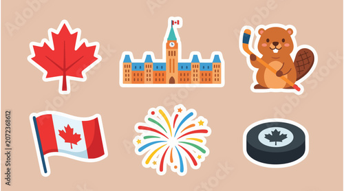Canvastavla Vibrant canada themed vector graphic sticker set featuring a maple leaf parliame