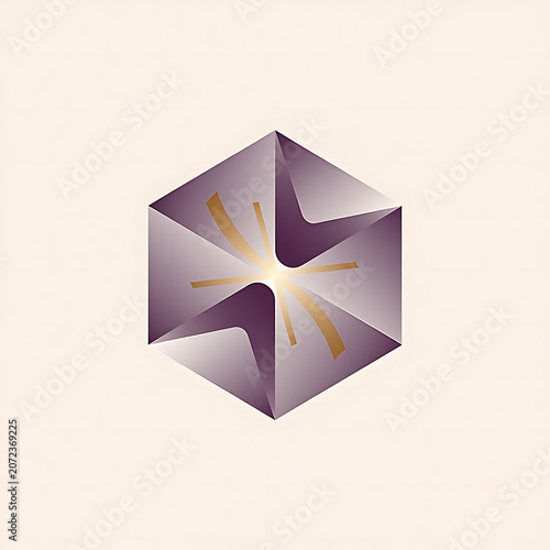Purple Hexagon Cube Logo With Faceted Golden Light Details