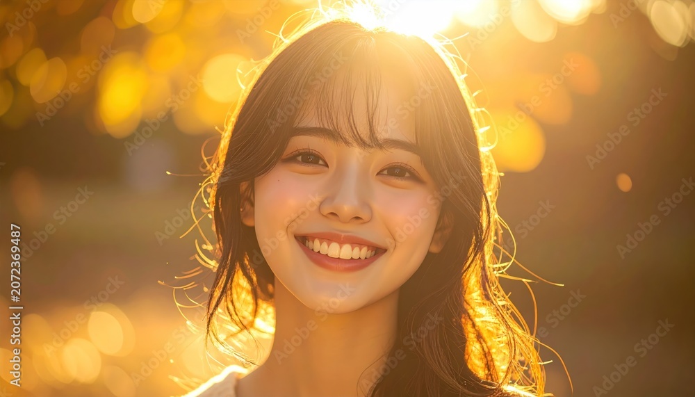 Fototapeta premium A radiant woman smiles directly at the viewer, bathed in golden sunlight