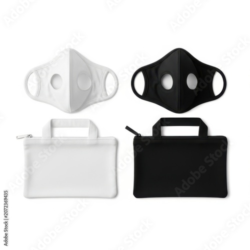 Minimalist black and white protective face masks and matching small carry pouches