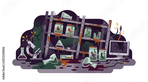 Spooky Science Lab Shelf with Jars and Microscope.