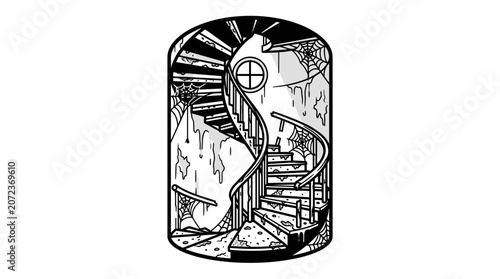 Spooky Spiral Staircase in Abandoned Building Illustration.