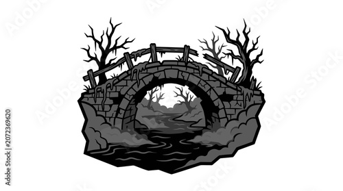 Spooky Stone Bridge Illustration with Dead Trees.