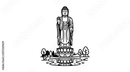 Standing Buddha Statue Illustration with Reflection.