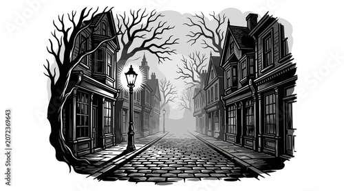 Spooky Victorian Street Scene with Cobblestones and Fog.