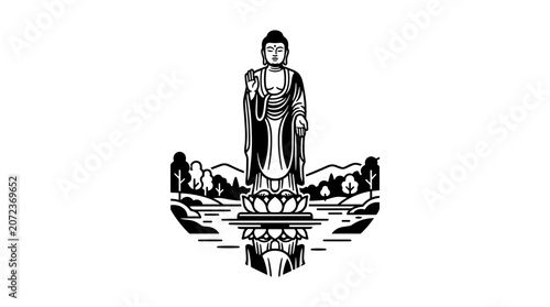Standing Buddha Statue on Lotus Flower with Landscape Background.