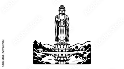 Standing Buddha Statue with Lotus Pedestal and Landscape.