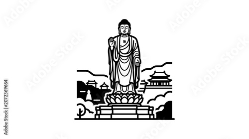 Standing Buddha Statue with Lotus Pedestal and Temple Scenery.