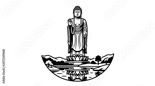 Standing Buddha statue with serene landscape and water reflection.
