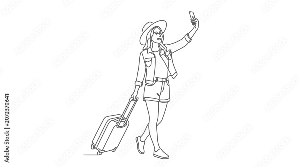 Obraz premium Woman taking selfie with phone and luggage, travel selfie, vacation photo