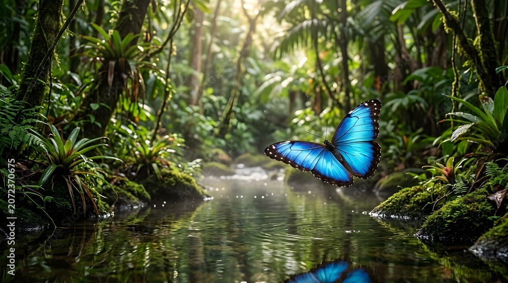 Fototapeta premium Blue Morpho butterfly flying over a peaceful stream in a lush tropical rainforest with sunbeams