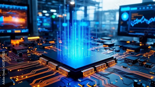 Circuit board with glowing blue light