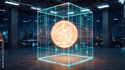 Futuristic cube with glowing sphere