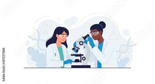 Two female scientists working together in a laboratory with a microscope and DNA strands in the background, vector illustration.