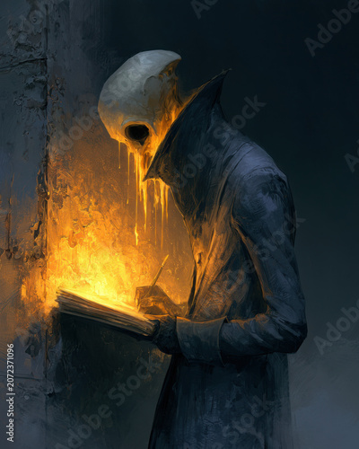 A dark, atmospheric figure with a dripping skull head hunches over a glowing book, writing with a quill in a shadowy environment.