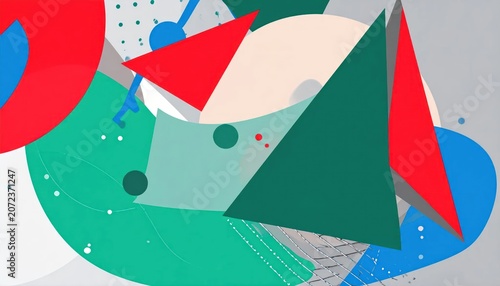 Abstract geometric collage with triangles and circular shapes.