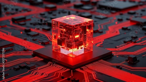 Transparent glowing cube on circuit board