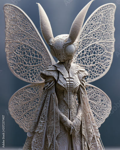 An elegant, pale statue or humanoid moth creature featuring intricate, lace-like wings and a highly detailed filigree dress.