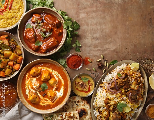 Delicious Indian food spread with curry, biryani, naan, and traditional dishes