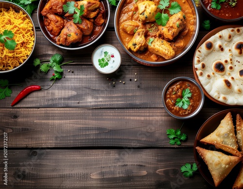 A vibrant spread of traditional Indian cuisine featuring chicken curries, fluffy rice, naan bread, and crispy samosas, perfect for a flavorful dinner