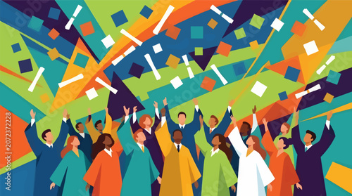 Tableau sur toile Diverse Graduates in Academic Regalia Celebrating with Confetti and Diplomas, Fl