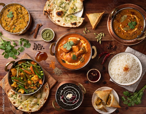 A vibrant and delicious spread of Indian cuisine, featuring aromatic curries, fluffy rice, and savory samosas, perfect for a festive feast