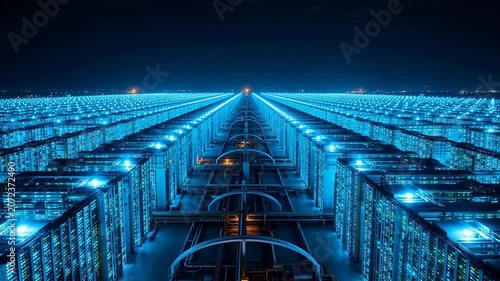 Rows of illuminated server racks in a data center
