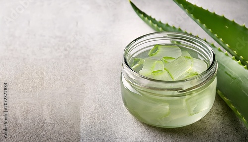 Aloe Vera Gel In A Clear Glass Jar Accompanied By Fresh Aloe Leaves On A Light Textured Background With Ample Copy Space On The Left Side