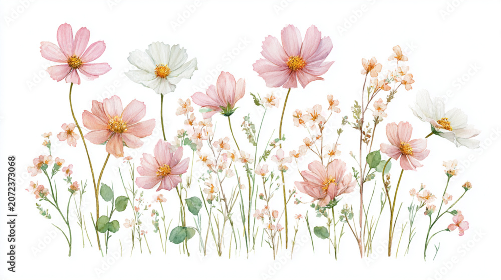 Obraz premium Watercolor painting of delicate pink and white cosmos flowers meadow.