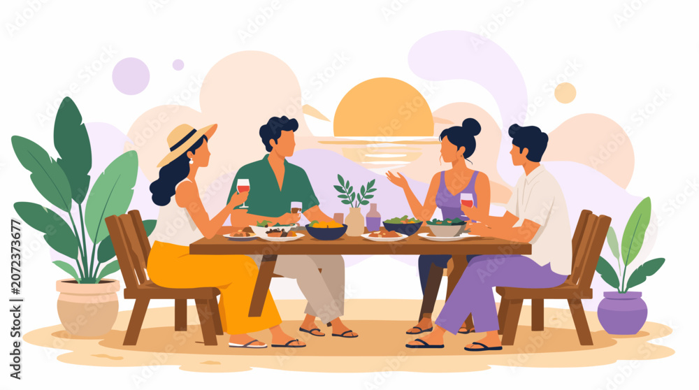 Fototapeta premium Summer Beach Party Tropical Island Vacation Family Gathering Enjoying Food and Drinks.