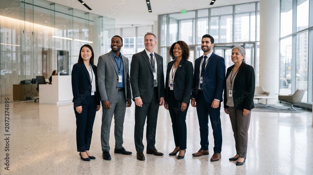 Fototapeta premium Diverse group of professionals in business attire standing together in a modern office lobby