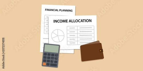 Financial flow into savings, investments, bills and expenses with charts and planning tools. Income allocation system concept scene.