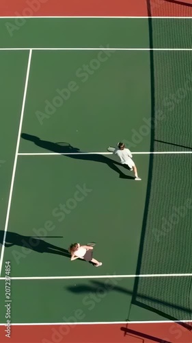 Vertical video: Stepping, white player hitting at net after bounce, practicing rally with racket