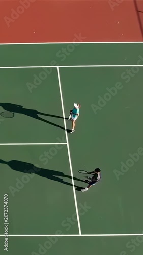 Vertical video: Blue player hitting across court dark rival returning on court closing with rackets
