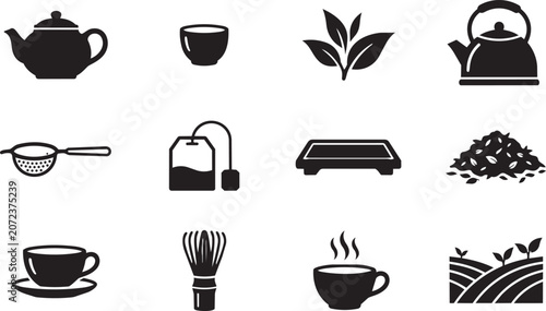 Obraz na płótnie Black tea icons, tea time symbols, vector illustrations, 12 tea elements