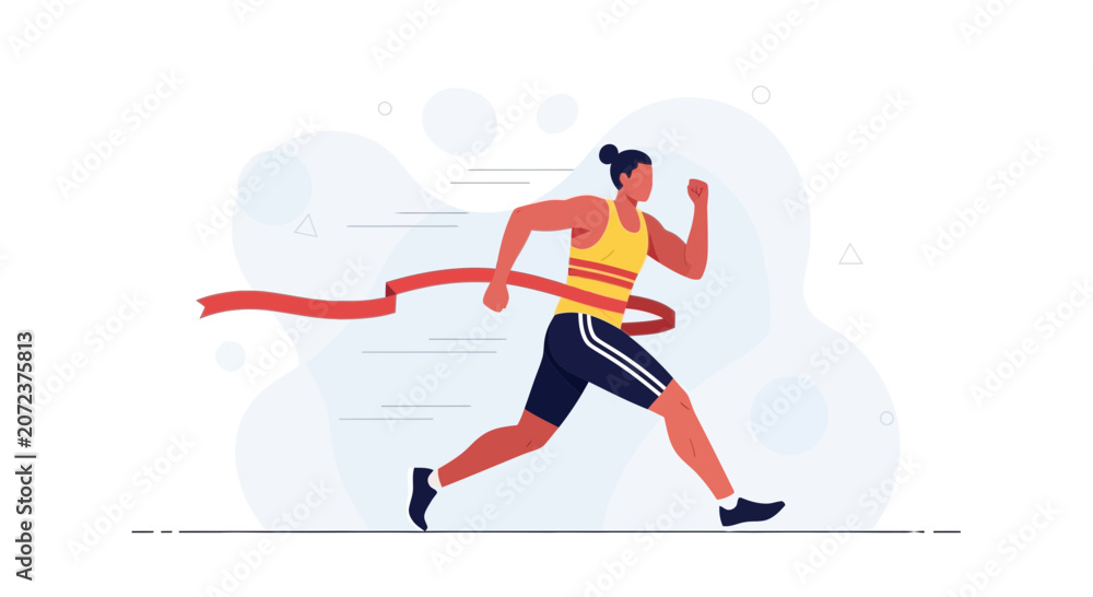 Obraz premium Athlete crossing the finish line, vector illustration of success and victory in sports.