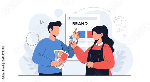 Brand identity creation: Designers collaborating on color palettes and logo concepts.
