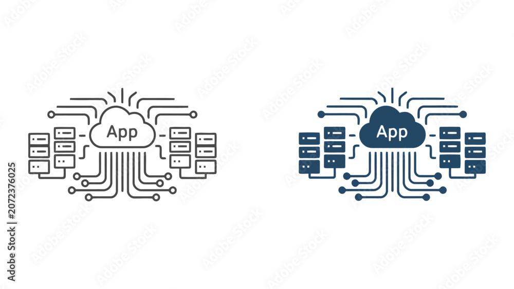 Fototapeta premium Cloud application server infrastructure network connection icon set in thin line and solid style for distributed computing and enterprise software architecture and digital systems management