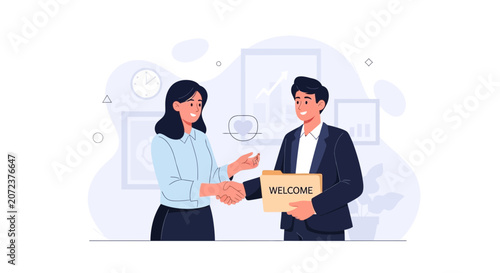 Business handshake welcomes new employee with welcome folder in modern office setting