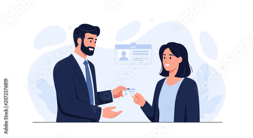 Business professionals exchanging identification cards or access passes in a modern, clean vector illustration style.