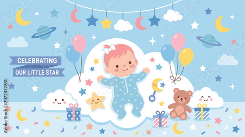 Obraz na plátně Baby celebration with teddy bear and balloons.