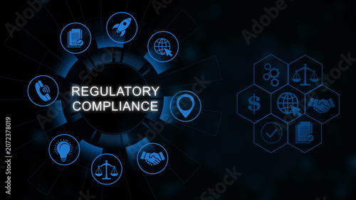 Fotografía Regulatory compliance concept, blue hexagonal finance law technology, digital bu