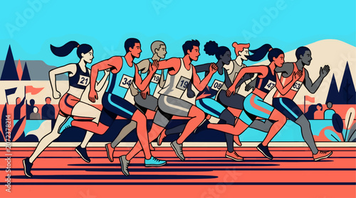 Obraz na płótnie Diverse Group of Athletes Running a Race on Track in Flat Design, Dynamic Motion