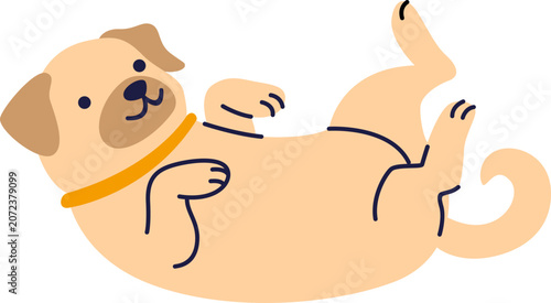 Cute Cartoon Pug Puppy Lying on Back for Belly Rubs Vector Illustration