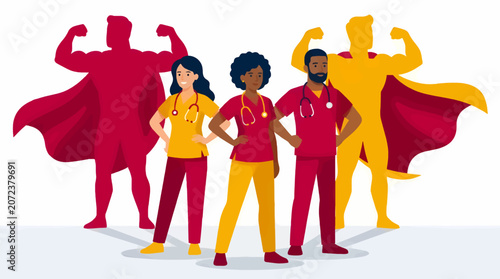 Photos Diverse Healthcare Professionals as Superheroes, Flat Design Vector Illustration