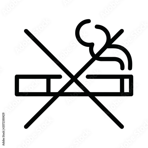 Thin Line Art Symbol Showing a Cigarette with Smoke and a Red Cross Sign
