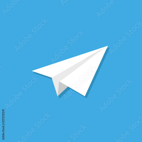 White paper airplane flying against a blue background