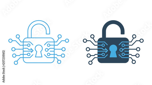 Secure padlock with digital circuit board pattern for cybersecurity and data encryption concept in professional blue vector line and solid flat style for technology branding and web ui