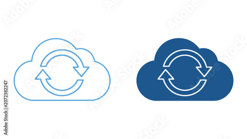 Cloud storage synchronization icons showing data backup and file transfer processes in outline and solid blue styles for cloud computing and digital data management platforms